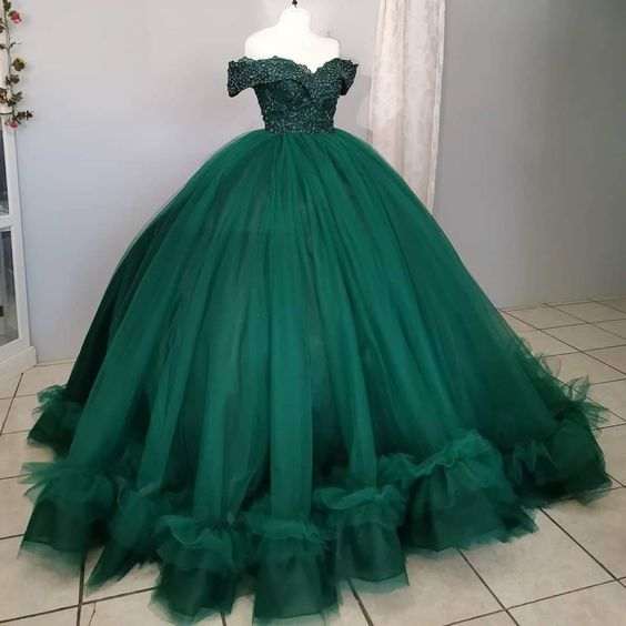 Vestido de fiesta verde con hombros descubiertos, vestido verde de quinceañera Y7145