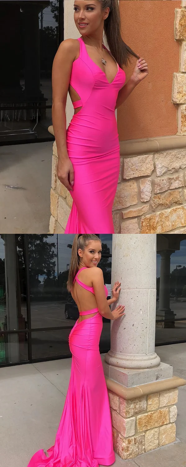 Vestido de noche sirena de satén con cuello halter rosa intenso, vestido de fiesta largo sencillo Y1646