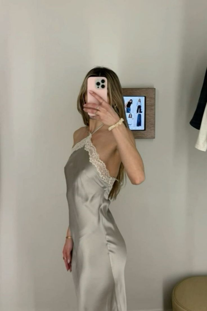 Sexy Neckholder Satin Spitze Party Abendkleid Y8169