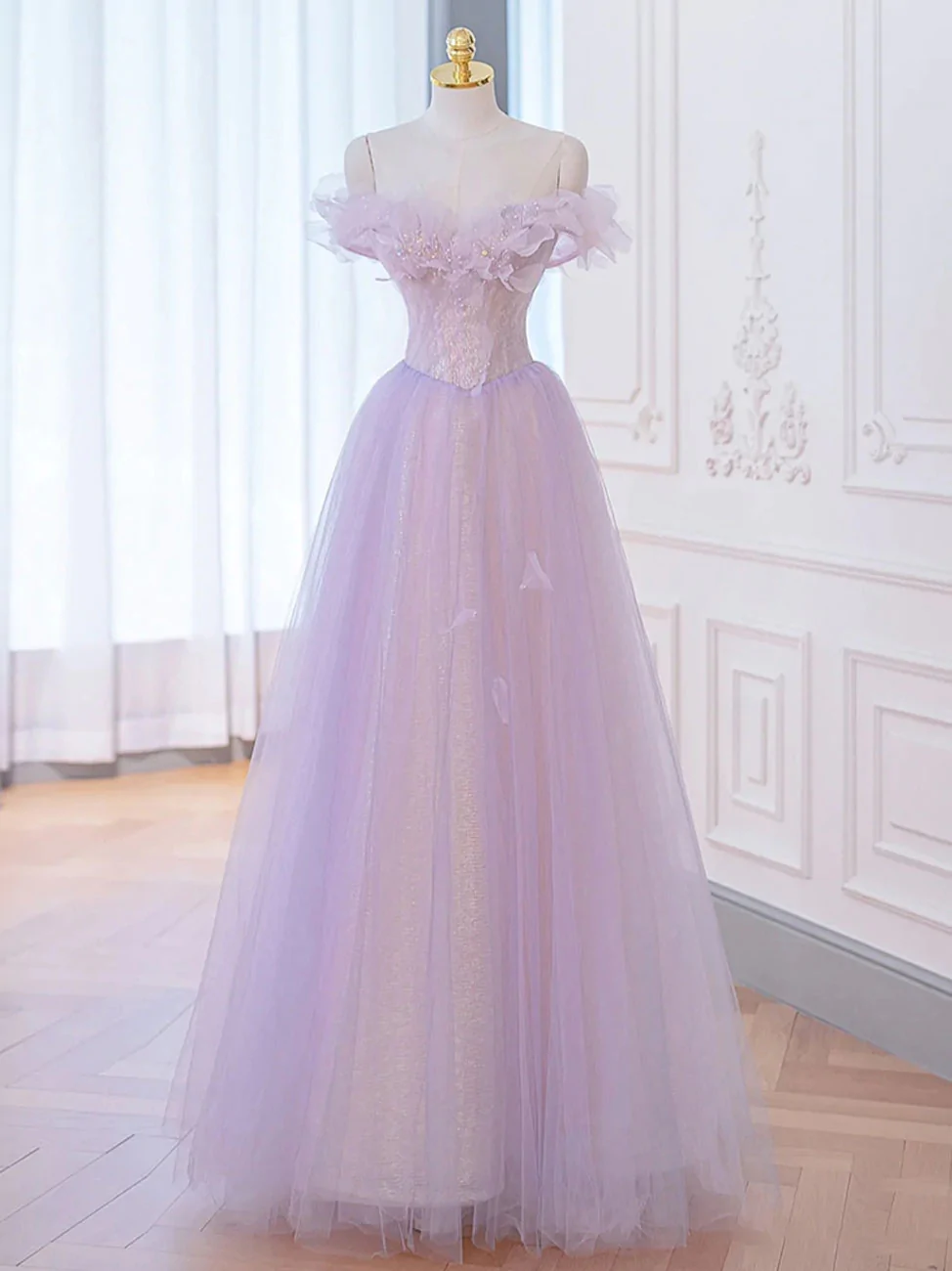 Vestido de fiesta largo morado con hombros descubiertos y corte en A, vestidos de noche formales morados Y1783