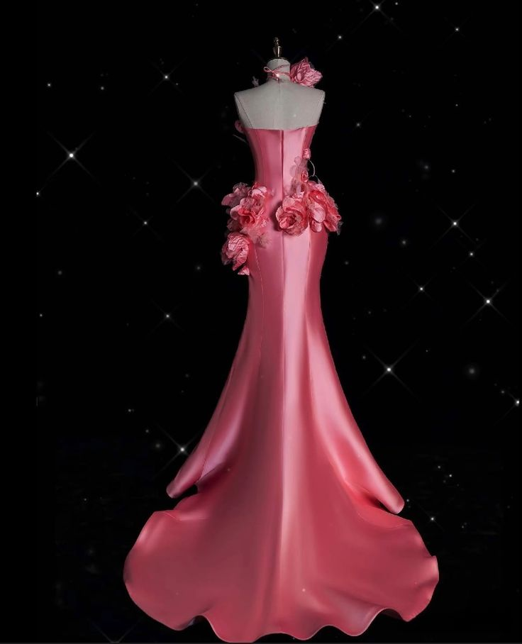 Hübsches rosa Satin 3D Blumen Meerjungfrau Ballkleid Langes Abendkleid Y8339