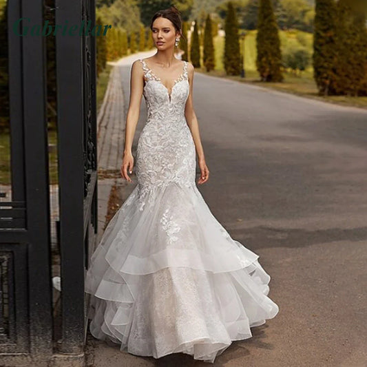 Luxury Mermaid Wedding Dresses Ruffles Backless V-Neck Lace Appliques Sleeveless Sweep Train Vestido De Novia 2024-payinti