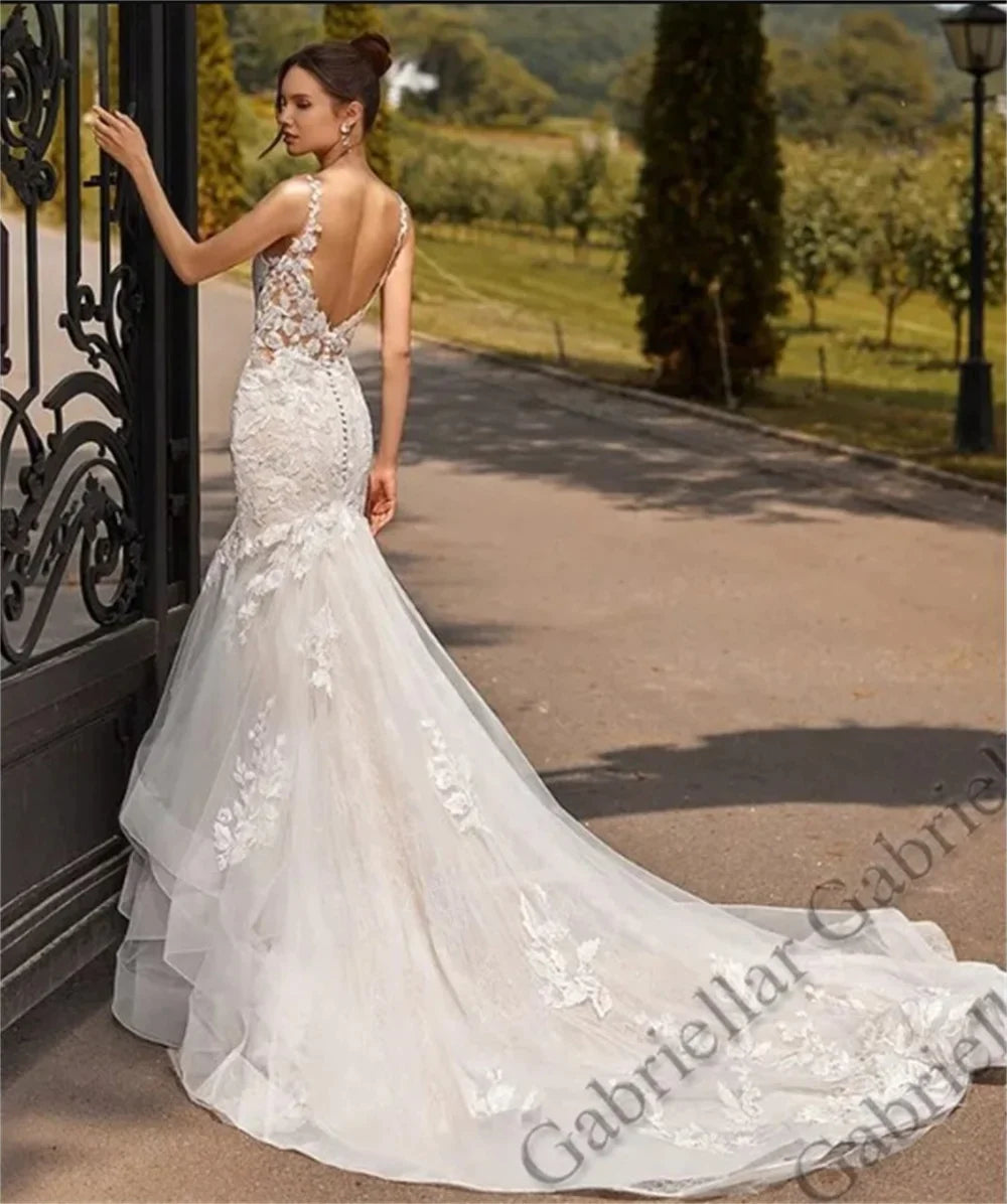 Luxury Mermaid Wedding Dresses Ruffles Backless V-Neck Lace Appliques Sleeveless Sweep Train Vestido De Novia 2024-payinti