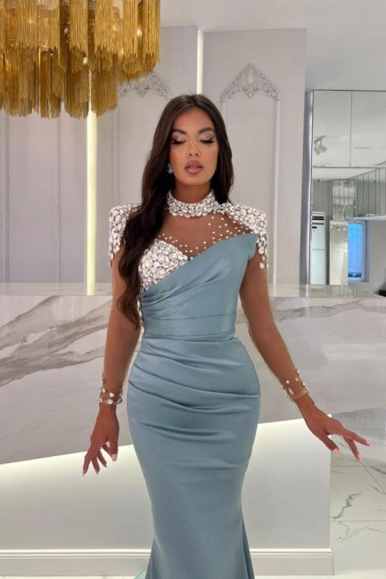 Glamouröses langes blaues Meerjungfrau-Ballkleid im Stehkragen mit Glitzer-Satin und langen Ärmeln