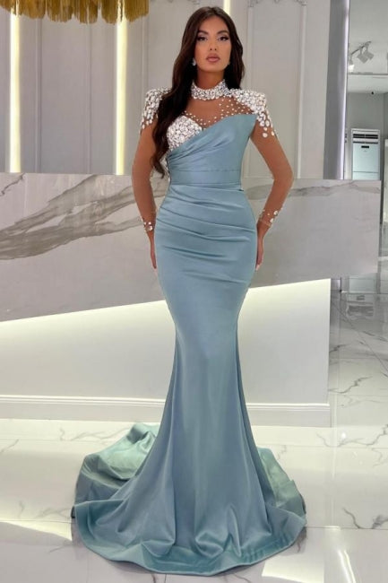 Glamouröses langes blaues Meerjungfrau-Ballkleid im Stehkragen mit Glitzer-Satin und langen Ärmeln