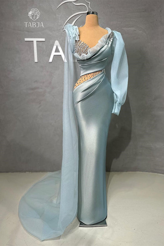 Glamouröses langes Meerjungfrau-Ballkleid mit V-Ausschnitt und langen Ärmeln, Rüschen und Steinen