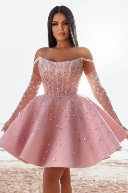 Glamouröses kurzes rosa Cocktailkleid, schulterfreies Glitzer-Ballkleid mit Spitze
