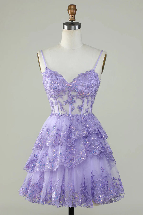Vestido de fiesta lavanda con volantes y corsé de encaje brillante PD503