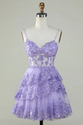 Vestido de fiesta lavanda con volantes y corsé de encaje brillante PD503