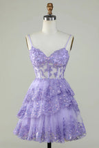 Vestido de fiesta lavanda con volantes y corsé de encaje brillante PD503
