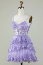 Vestido de fiesta lavanda con volantes y corsé de encaje brillante PD503