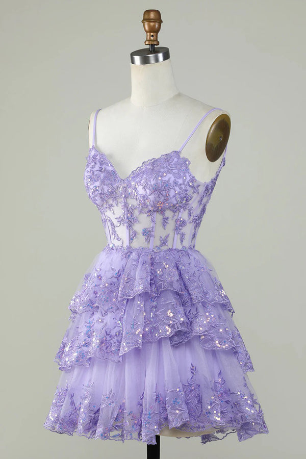 Vestido de fiesta lavanda con volantes y corsé de encaje brillante PD503
