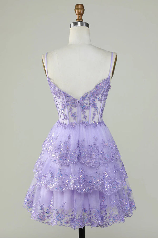 Vestido de fiesta lavanda con volantes y corsé de encaje brillante PD503
