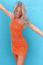 Glitter One Shoulder Hot Pink Tight Short Prom Dress Homecoming Dress PD461