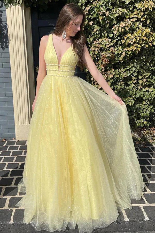 Glitzerndes, gelbes, langes, perlenbesetztes A-Linien-Ballkleid aus Tüll, PSK529