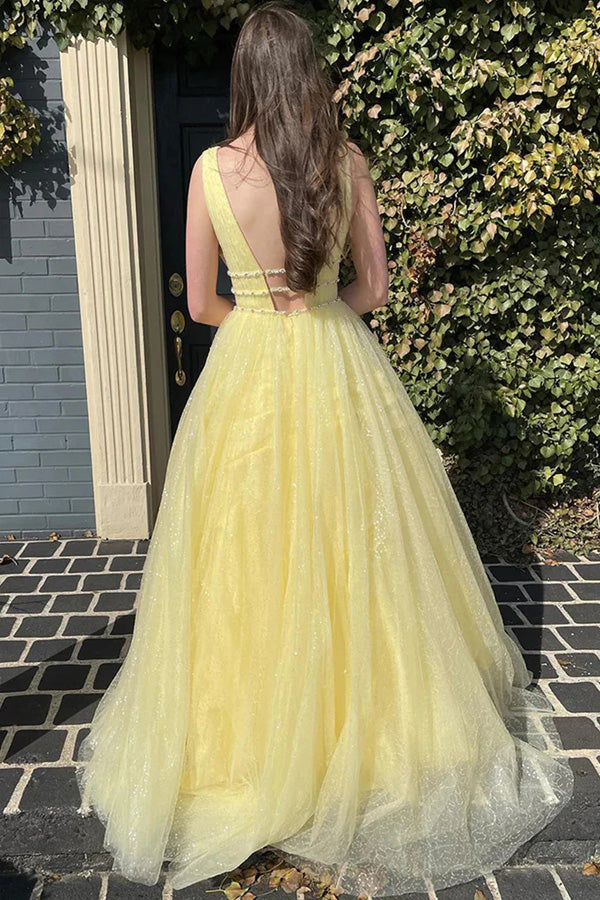Glitzerndes, gelbes, langes, perlenbesetztes A-Linien-Ballkleid aus Tüll, PSK529