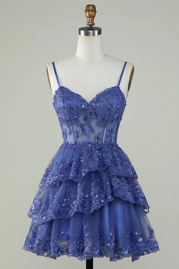 Vestido de fiesta lavanda con volantes y corsé de encaje brillante PD503