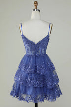 Vestido de fiesta lavanda con volantes y corsé de encaje brillante PD503
