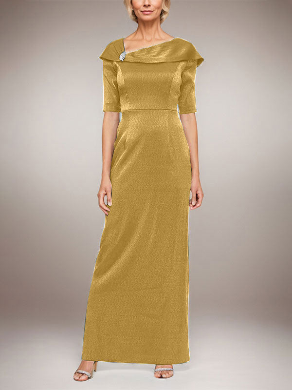 Vestido largo de columna brillante con puños doblados, escote en L y mangas hasta el codo