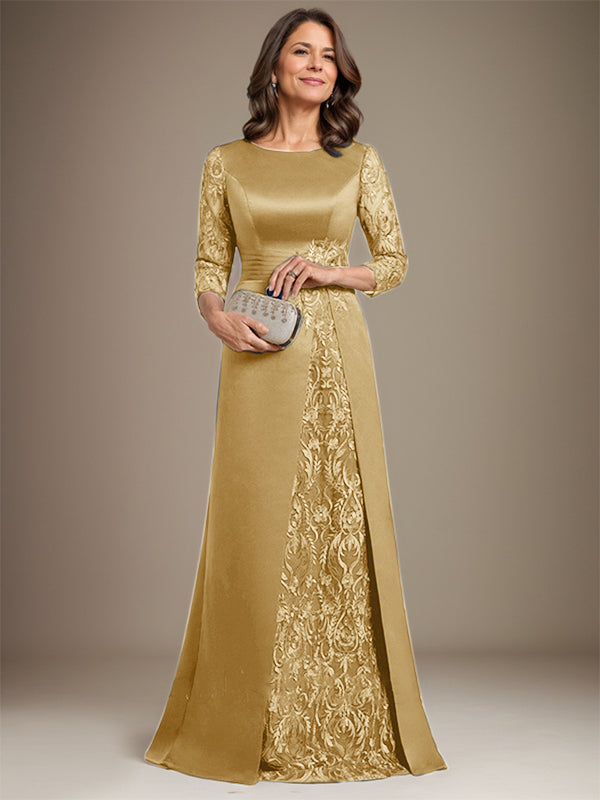 Vestido de madre de la novia de satén con encaje, corte A, largo hasta el suelo y apliques