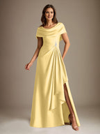 Vestido de madre de la novia de satén elástico, corte A, largo hasta el suelo, con escote redondo y volantes en cascada