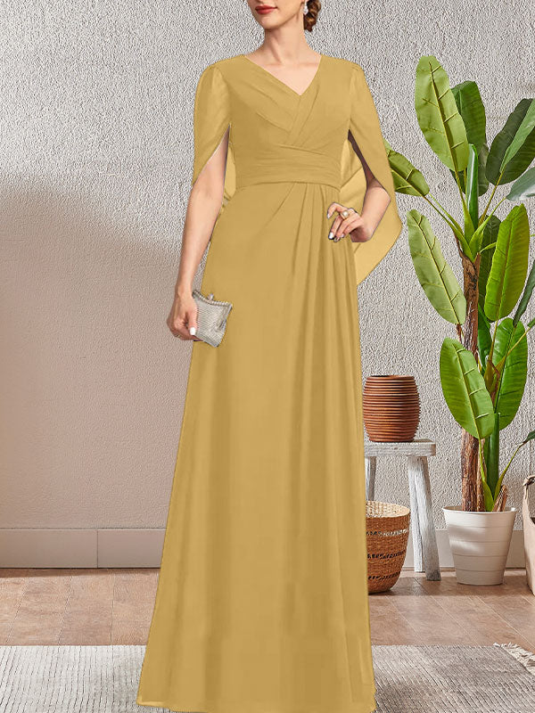 Vestido largo azul marino oscuro con escote en V y corte A para madre de la novia