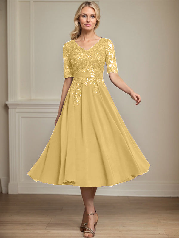 Vestido de gasa con encaje y lentejuelas para madre de la novia, corte A, escote en V y largo hasta la rodilla