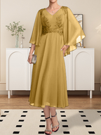 A-Linie V-Ausschnitt Wadenlanges Chiffon-Spitzenkleid für die Brautmutter mit Perlen und Pailletten
