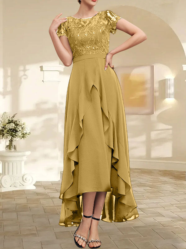 Vestido de madre de la novia de gasa asimétrica con escote en A, ilusión, encaje, lazo, volante y lentejuelas