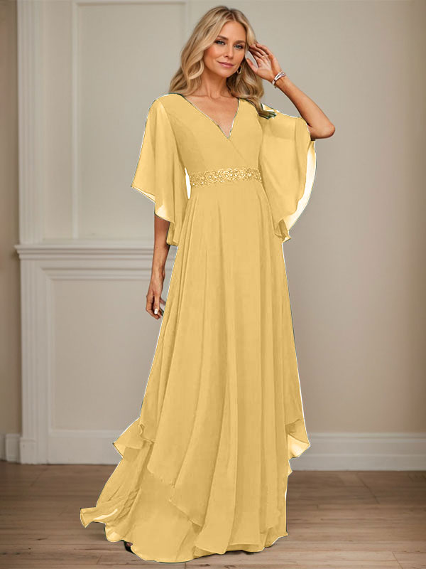 Vestido de gasa para madre de la novia, corte A, escote en V, largo hasta el suelo, con apliques de lentejuelas, encaje y abalorios