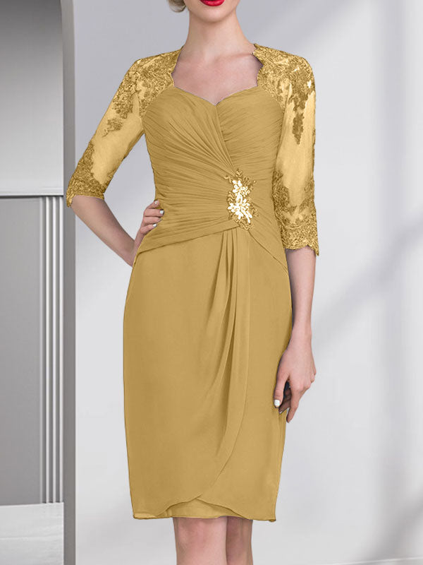 Vestido de gasa para madre de la novia con escote corazón, largo hasta la rodilla, con apliques de cuentas, encaje y lentejuelas plisado.