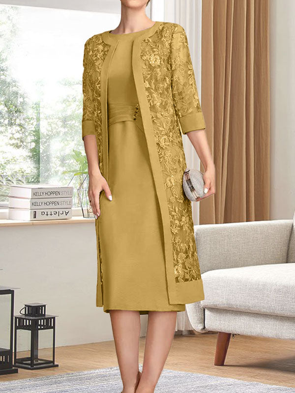 Vestido de gasa para madre de la novia con escote redondo hasta la rodilla, corte tubo/columna y lentejuelas plisadas