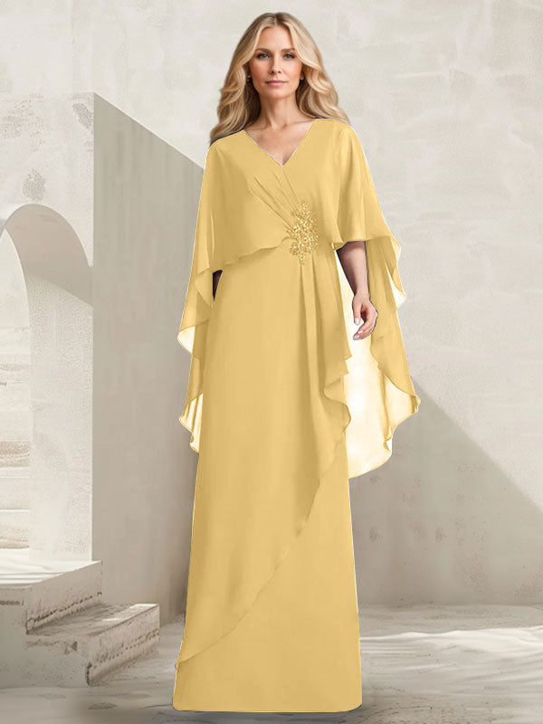 Vestido de gasa para madre de la novia con escote en V, corte A y largo hasta el suelo, con volantes en cascada y cuentas