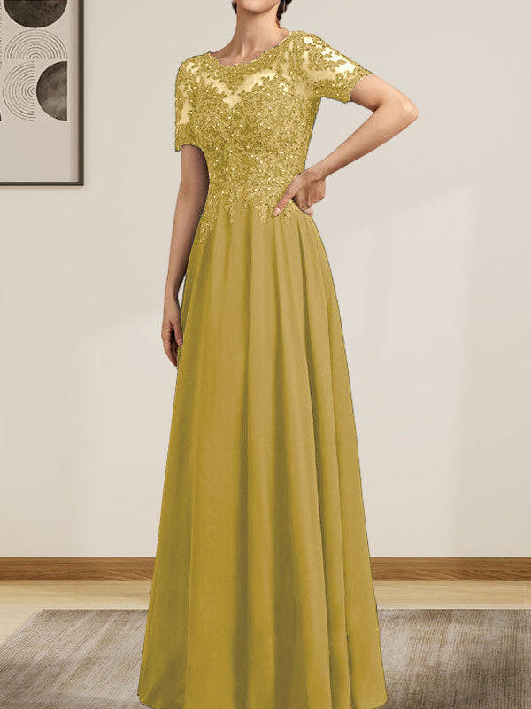 Vestido de gasa con encaje y lentejuelas para madre de la novia, largo hasta el suelo, con escote en A y ilusión