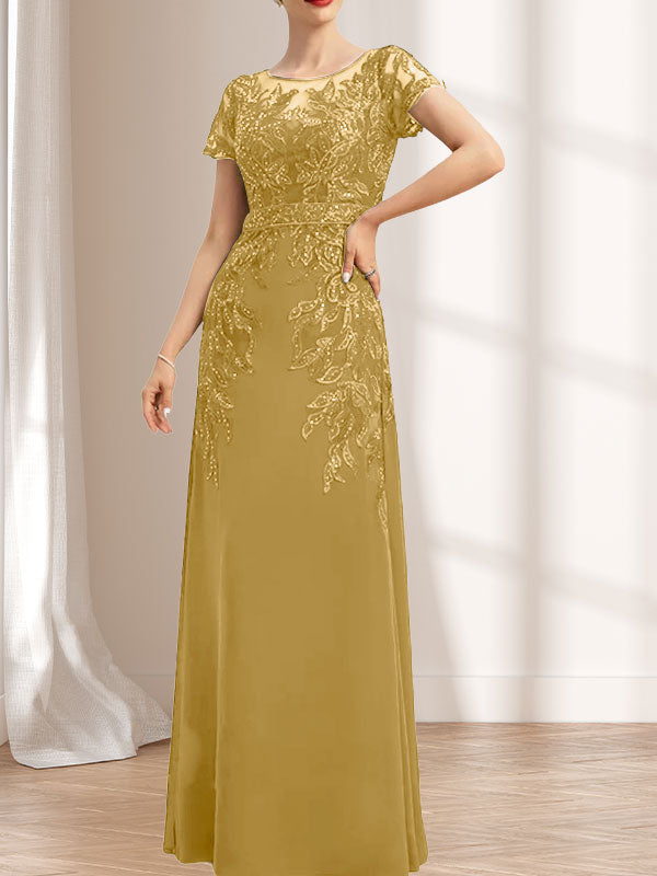 Vestido de madre de la novia de gasa con encaje, escote redondo, ilusión, largo hasta el suelo, con lentejuelas