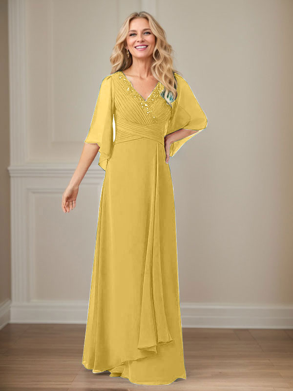 A-Linie V-Ausschnitt Lange Pailletten Chiffon Mutterkleid