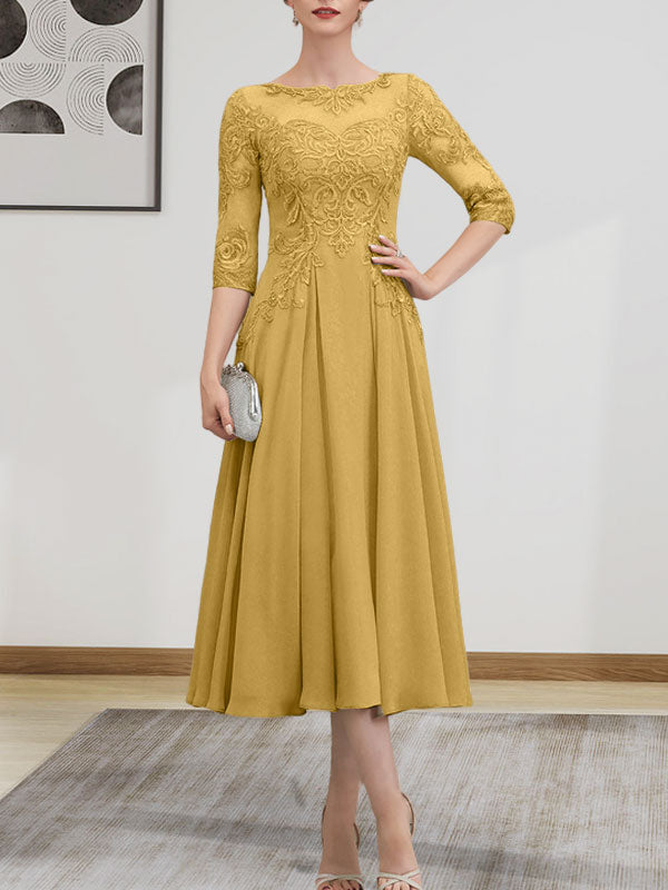 A-line Scoop Illusion Tea-Length Chiffon Lace Mother of the Bride Dress With Beading Sequins