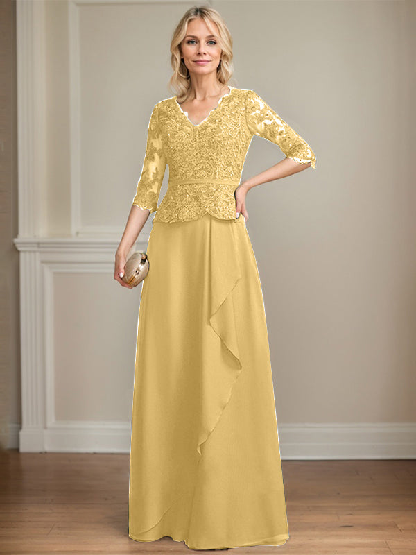 Vestido de madre de la novia de gasa con encaje, escote en V, largo hasta el suelo, con volantes en cascada y lentejuelas