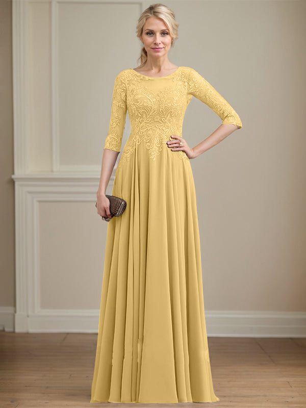 Vestido de gasa con encaje y lentejuelas para madre de la novia, corte A, escote ilusión, largo hasta el suelo