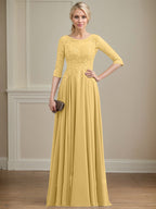 Vestido de gasa con encaje y lentejuelas para madre de la novia, corte A, escote ilusión, largo hasta el suelo