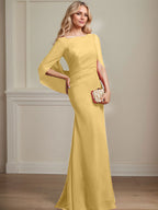 Vestido de madre de la novia de gasa con escote barco, corte trompeta/sirena, largo hasta el suelo, con pliegues