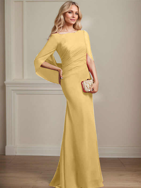 Vestido de madre de la novia de gasa con escote barco, corte trompeta/sirena, largo hasta el suelo, con pliegues