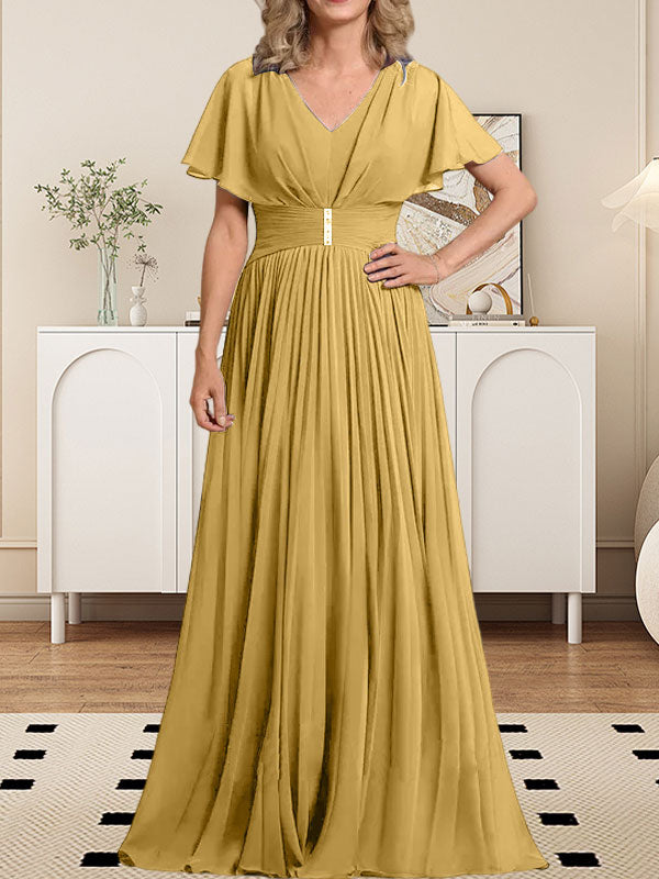 Vestido de gasa para madre de la novia, corte A, escote en V, largo hasta el suelo, con broche de cristal y plisado
