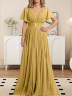 Vestido de gasa para madre de la novia, corte A, escote en V, largo hasta el suelo, con broche de cristal y plisado