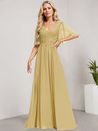 Vestido de madre de la novia de gasa con encaje, escote en V y lentejuelas, largo hasta el suelo
