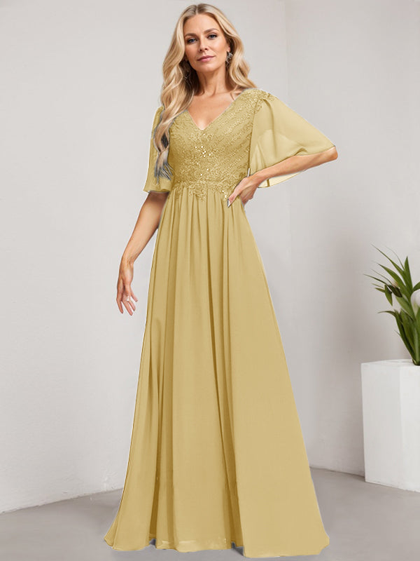 Vestido de madre de la novia de gasa con encaje, escote en V y lentejuelas, largo hasta el suelo