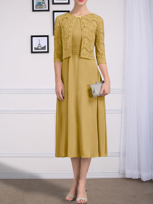 Vestido de gasa para madre de la novia con corte en A, escote redondo y largo hasta la rodilla con pliegues