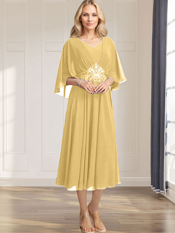 A-Linie V-Ausschnitt Wadenlanges Chiffonkleid für die Brautmutter mit plissierten Paillettenapplikationen Spitzenbesatz 
