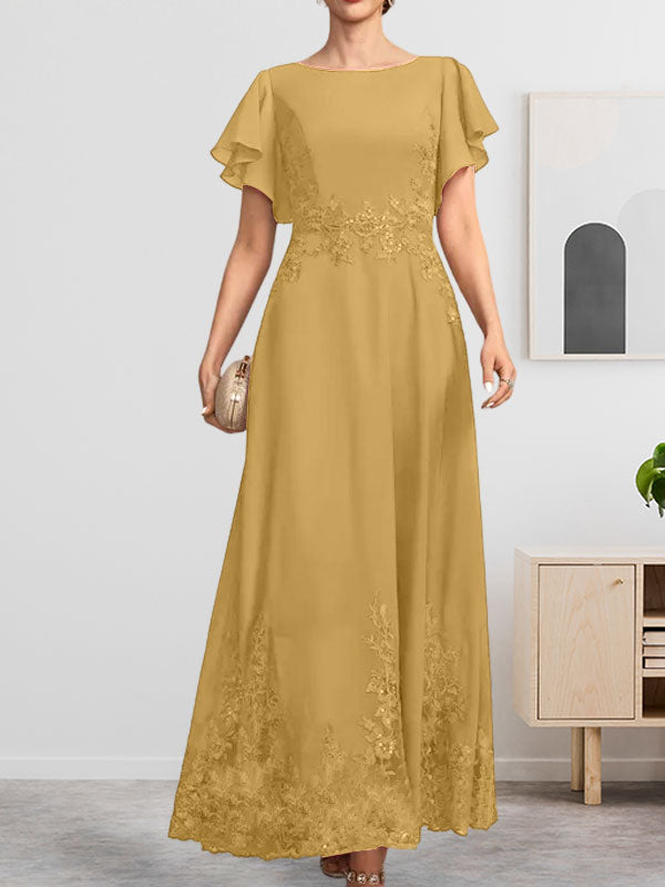 A-Linie U-Ausschnitt Knöchellang Spitzen-Chiffon-Kleid für die Brautmutter mit Pailletten