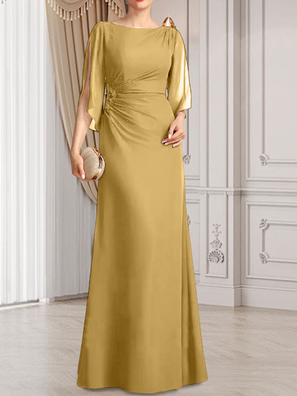 Vestido de gasa para madre de la novia con corte tubo/columna, escote redondo y largo hasta el suelo, con cuentas plisadas